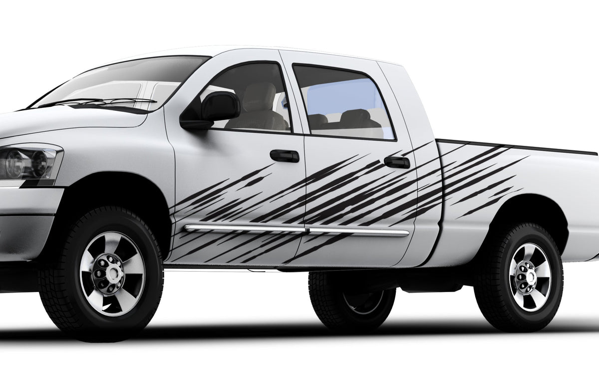 scratch black vinyl cut graphics on the side of white truck